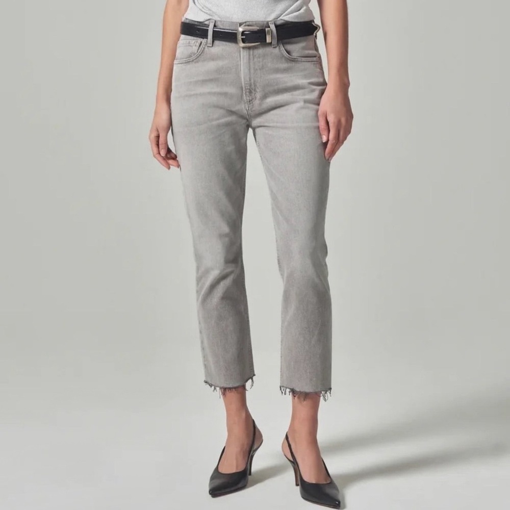 Citizens of Humanity Isola Straight Cropped Jeans 28 Faded Grey Raw Hem Frayed